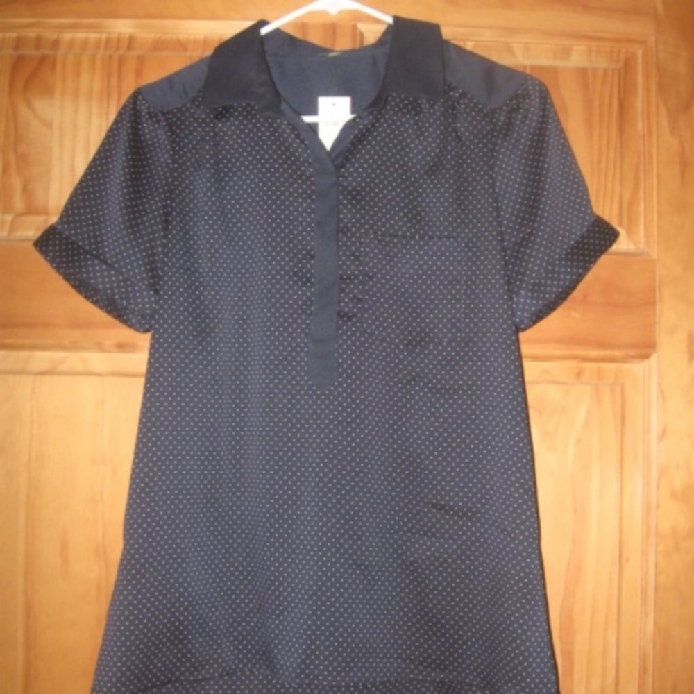 Ann Taylor Navy Blue with White Polka Dots Short Sleeve Blouse